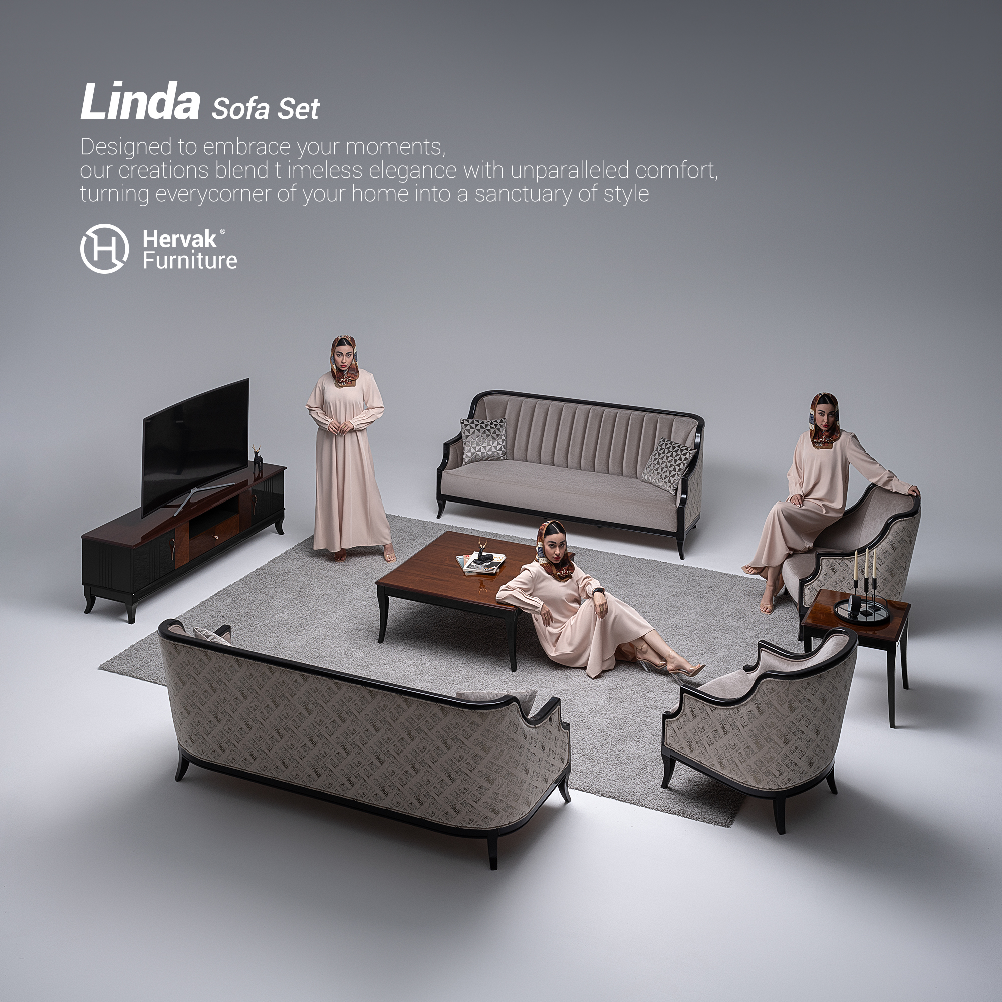 مبلمان کلاسیک لیندا از برند هرواک با طراحی ظریف و چوب منبتکاریشده